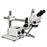 SMT-5TR Trinocular Zoom 7X – 90X Stereo Microscope package with Incident Annular Ring Fiber Optic ring Light on a Boom Stand with 150mm Working Distance